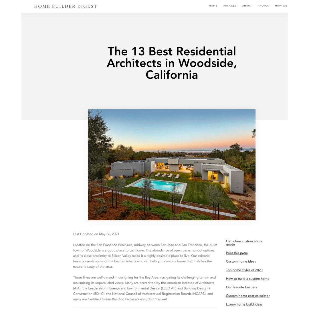 Remodern Inc. is named to Home Builder Digest's list of Best Residential Architects of Woodside, CA.